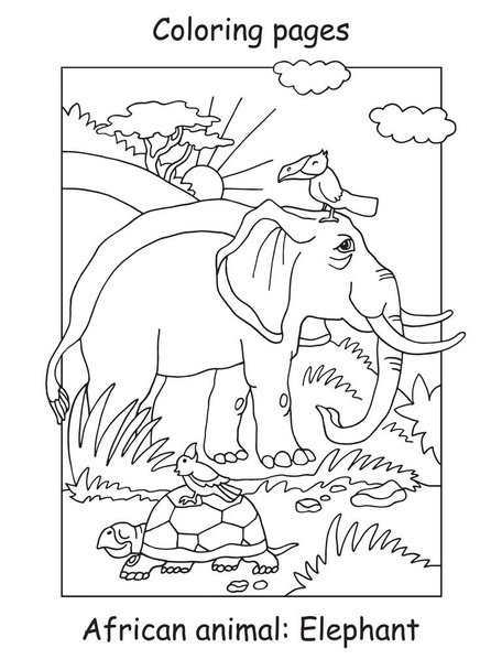 Vektorové zbarvení stránky s roztomilým slonem v africké oblasti. Kreslený obrys ilustrace izolované na bílém pozadí. Stock ilustrace pro omalovánky, předškolní vzdělávání, tisk a hry.  - Vektor, obrázek