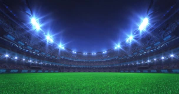 Fondo de vídeo deportivo con zona de juegos de césped verde, luces brillantes y muchos fans. Encendiendo las luces en la animación 4k loop del estadio.  - Metraje, vídeo