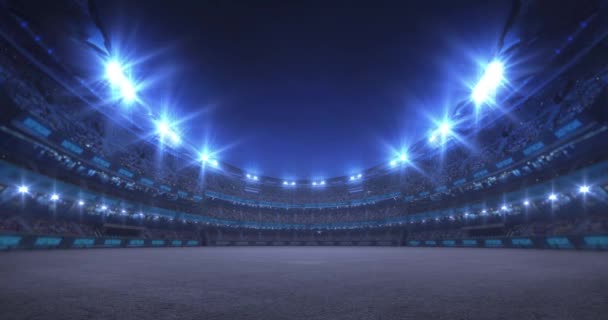 Sport video achtergrond met asfalt oppervlakte speeltuin, heldere lichten en veel fans. De lichten in het stadion aanzetten 4k loop animatie.  - Video