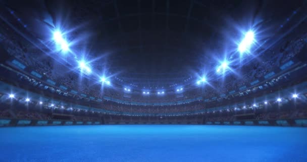 Fondo de vídeo deportivo con zona de juegos de superficie azul, luces brillantes y muchos fans. Encendiendo las luces en la animación 4k loop del estadio.  - Imágenes, Vídeo