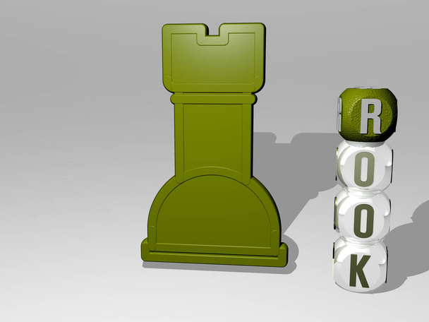 3D-Illustration von ROOK-Grafiken und Text rund um das Symbol, hergestellt durch metallische Würfelbuchstaben für die damit verbundenen Bedeutungen des Konzepts und der Präsentationen. Schach und Schwarz - Foto, Bild
