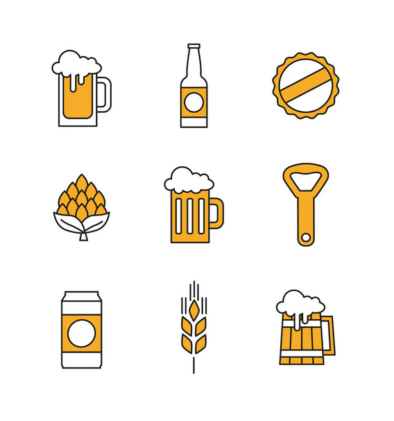 Prosta linia Vector płaskie ikony piwa w kolorze żółtym. Zawiera takie ikony jak drewniany kubek, butelka, hop, otwieracz i bardziej izolowane na białym tle - Wektor, obraz