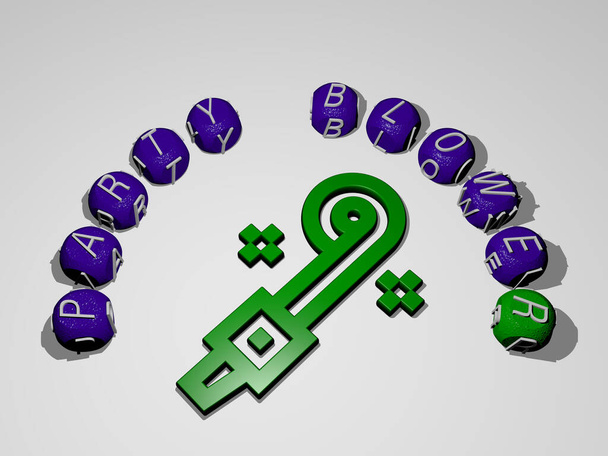 3D-Illustration von Party-Blower-Grafiken und Text rund um das Symbol, hergestellt durch metallische Würfelbuchstaben für die damit verbundenen Bedeutungen des Konzepts und der Präsentationen. Hintergrund und Feier - Foto, Bild