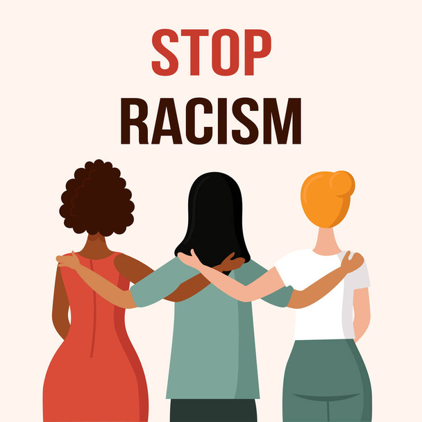 A woman with a different skin color stands with her back. The concept of anti racism, the unity of different races, a friendly hug. African, Asian and European races. Flat vector illustration isolated - Вектор,изображение