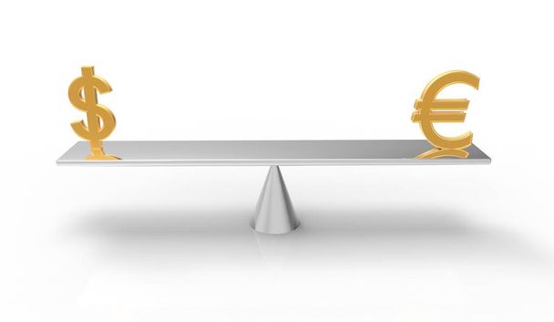 Illustration 3D des signes Dollar et Euro sur une balance de faisceaux - Photo, image