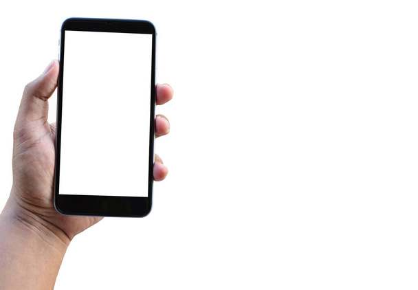 Мобильный телефон в руке на белом фоне - Фото, изображение