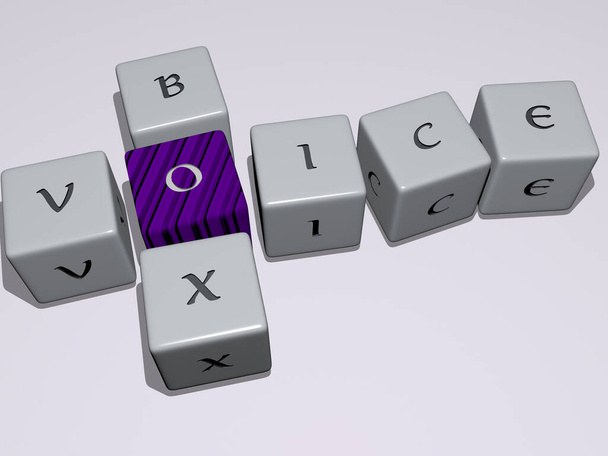 VOICE BOX combinato da lettere a dadi e incrocio di colori per i significati correlati del concetto. illustrazione e icona - Foto, immagini