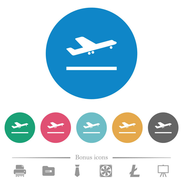 Vliegtuig opstijgen platte witte pictogrammen op ronde kleur achtergronden. 6 bonus symbolen opgenomen. - Vector, afbeelding