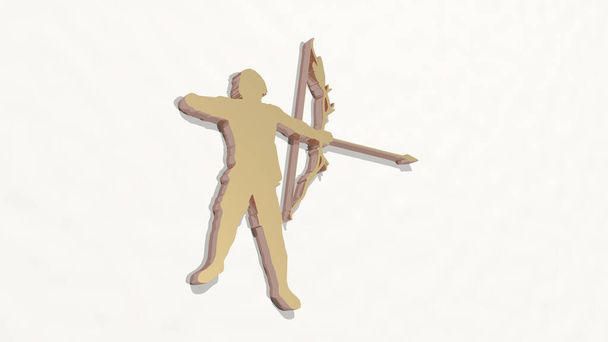 Sportliche Aktivität durch 3D-Illustration einer metallisch glänzenden Skulptur an einer Wand mit hellem Hintergrund. Sportler und Aktive - Foto, Bild