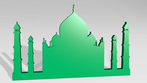 moskee vanuit een perspectief met de schaduw. Een dikke sculptuur gemaakt van metalen materialen van 3D rendering. architectuur en gebouw - Foto, afbeelding