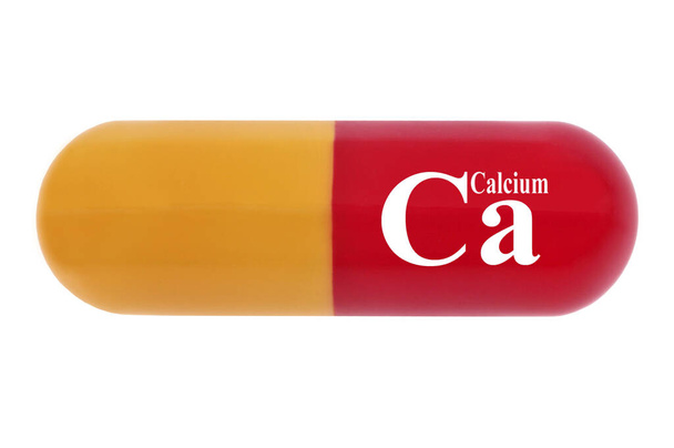 Concept van voedingssupplement met een calciumcapsule close-up op witte achtergrond  - Foto, afbeelding