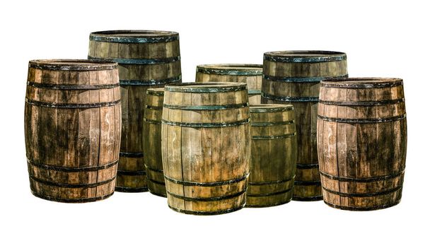 brown oak barrels tinted set of winemaking for aging whiskey and sherry on an isolated background - Photo, Image