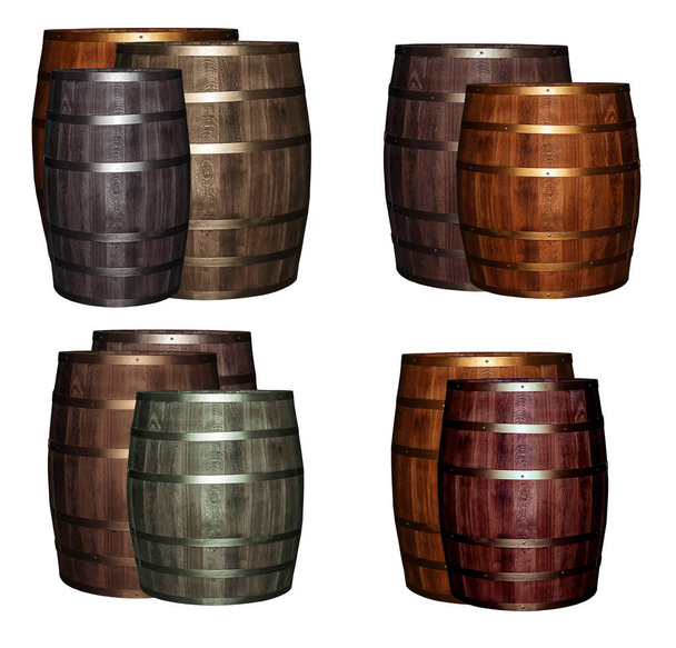 assorted oak barrels dark brown, gray with iron hoops stands on a white background - Photo, Image
