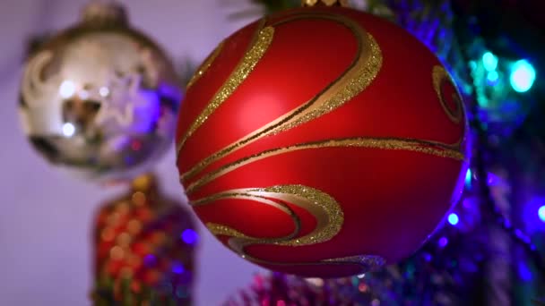 Noel kürelerinin ayrıntıları köknar ağacında. 4K UHD Video - Video, Çekim