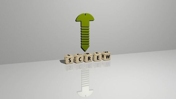 3D-Grafik der Schraube vertikal mit Text aus metallischen kubischen Buchstaben aus der Oberperspektive, hervorragend für die Konzeptpräsentation und Diashows - Foto, Bild