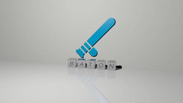 3D иллюстрация графики BATON и текста, выполненного металлическими буквами кубиков для соответствующих значений концепции и презентаций. полиция и биография - Фото, изображение