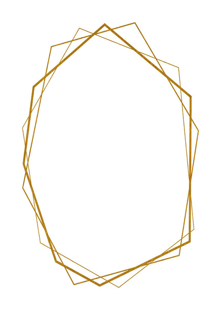 Golden geometric frame. Hand drawn illustration is isolated on white. Linear gold color contour are perfect for fabric textile, boho design, wedding invitation, greeting card, elegant poster - Photo, Image