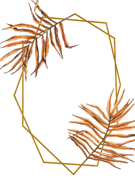 Kultainen geometrinen runko kuivilla palmunlehdillä. Käsin piirretty kuva on eristetty valkoisella. Lineaarinen kulta väri ääriviivat on täydellinen boho suunnittelu, häät kutsu, onnittelukortti, tyylikäs juliste - Valokuva, kuva