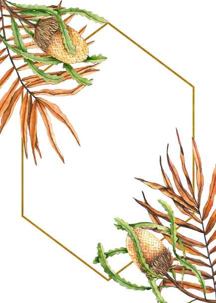Золотая рамка с банксией, сухие пальмовые листья. Ручная иллюстрация изолирована на белом. Цветочный шаблон идеально подходит для дизайна boho, свадебное приглашение, поздравительная открытка, элегантное оформление - Фото, изображение