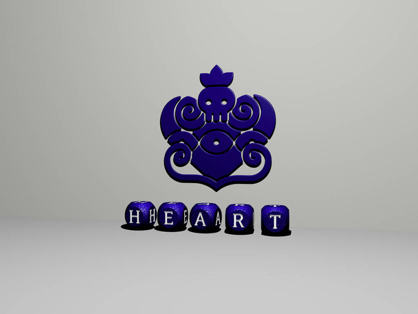 3D edustus HEART kuvaketta seinällä ja tekstin järjestetty metallinen kuutiometriä kirjaimia peililattialla käsitteen merkitys ja diaesitys esitys. kuva ja tausta - Valokuva, kuva