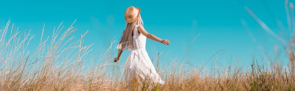 website header van de vrouw in witte jurk en stro hoed staande met uitgestrekte handen op het veld tegen de blauwe lucht - Foto, afbeelding