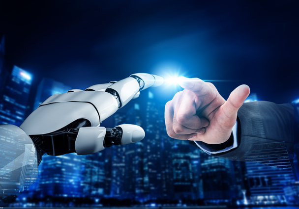 3Dレンダリング未来型ロボット技術開発、人工知能AI 、機械学習の概念。人間の未来のための世界的なロボット生物科学研究. - 写真・画像