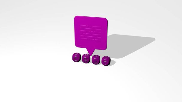 Representación 3D de chat con icono en la pared y texto arreglado por letras cúbicas metálicas en un piso espejo para el significado del concepto y presentación de diapositivas. ilustración y comunicación - Foto, Imagen