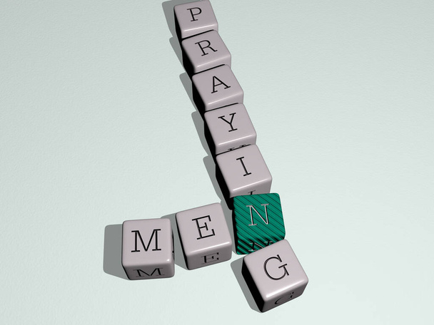 MEN PRAYING kombiniert mit Würfelbuchstaben und Farbkreuzungen für die damit verbundenen Bedeutungen des Konzepts. Paar und jung - Foto, Bild