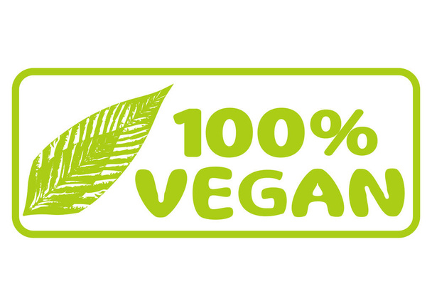 100 Prozent vegane Ernährung. Vegetarisches Bio-Lebensmitteletikett mit Blatt. Grünes natürliches veganes Symbol, isoliert auf weißem Hintergrund. Vektorillustration - Vektor, Bild