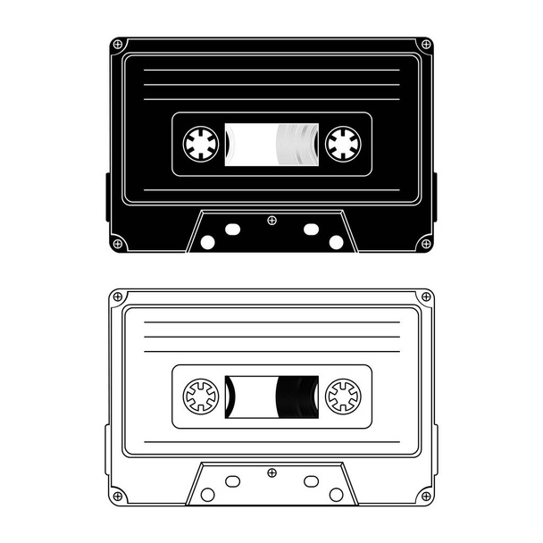 Tape cassette. Vector black and white illustration compact cassette tape in outline and in glyph style. Web graphics, banners, advertisements, stickers, labels, and T-shirt templates. Vector - Vecteur, image
