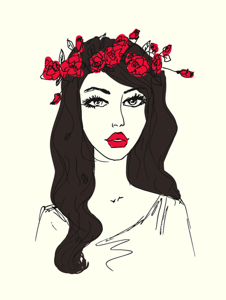 Sketch of a woman with flowers in her hair - Vector, Image