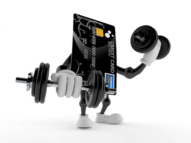 Personaggio della carta di credito con manubri isolati su sfondo bianco. Illustrazione 3d - Foto, immagini