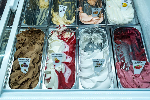 Nice, France 21.07. 2020 Italian ice cream. Large selection of sweet dessert - Photo, Image