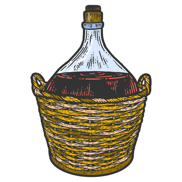 Wine bottle in a protective wicker basket. Apparel print design. Scratch board imitation. Black and white hand drawn image. - Vector, Image