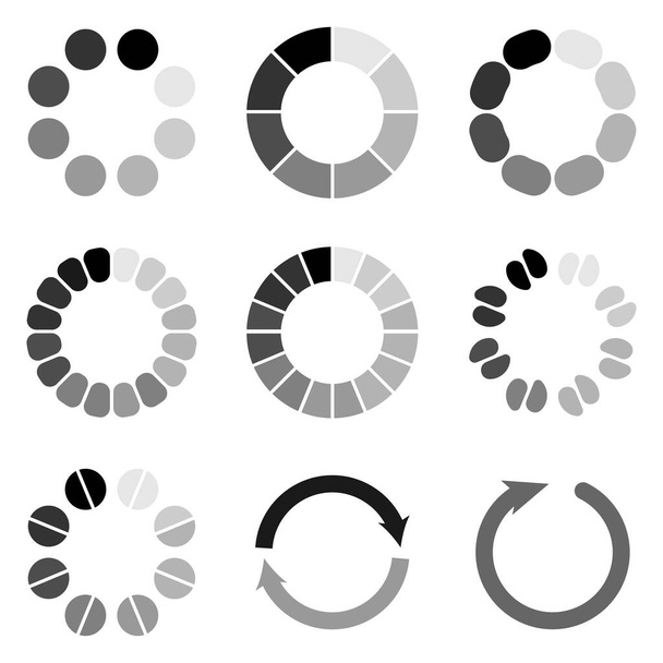 Set van verschillende laadpictogrammen. Cirkel website buffer loader of voorlader. Download of upload statuspictogram. Ikoon geïsoleerd op witte achtergrond. Vector - Vector, afbeelding