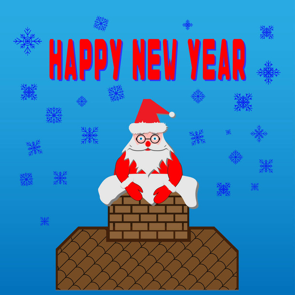 Santa Claus en una chimenea en un techo. Papá Noel se quedó atrapado en una chimenea en el techo. Ilustración vectorial estilo plano Navidad. Fondo del día de nieve - Vector, imagen