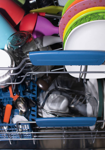 Clean dishes in an open dishwasher - Photo, Image