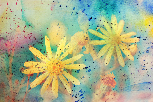Yellow flowers and watercolor splatter - Fotoğraf, Görsel