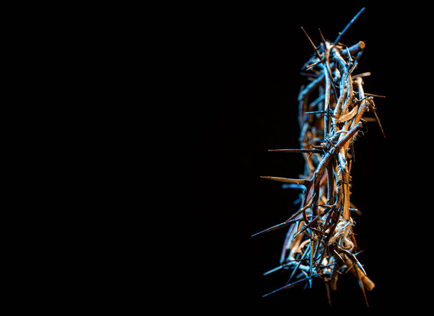 The crown of thorns lie on an isolated black background, with a blue tint of light. The concept of Holy week, associated with suffering and love. Close up. - Photo, Image