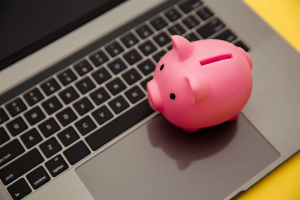 Piggy bank on laptop keyaboard. - Foto, imagen