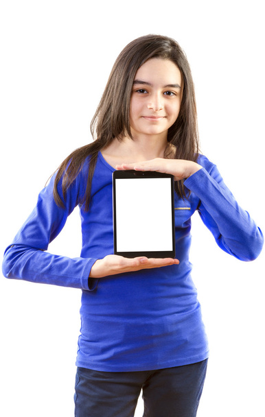 Gelukkig tiener meisje met digitale tablet - Foto, afbeelding