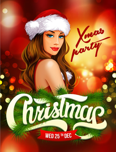 Party poster with sexy girl wearing santa claus clothes. - Vektor, Bild