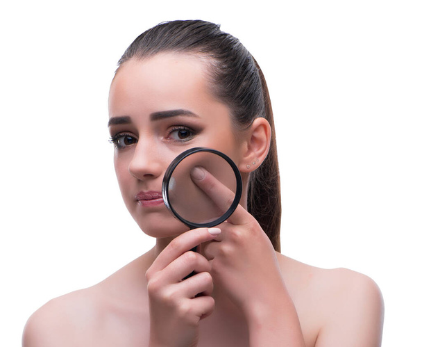 Woman in beauty concept with magnifying glass aging wrinkles - Zdjęcie, obraz