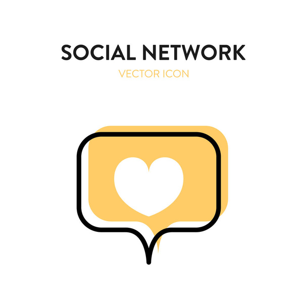 Sosyal ağ simgesi. Üzerinde kalp sembolü olan mesaj baloncuğunun vektör çizimi. Sosyal ağ, beğeni, yeniden gönderme, çevrimiçi iletişim, çevrimiçi bilgi paylaşımı kavramını yeniden sunar - Vektör, Görsel