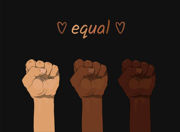 Raised fists of people with different skin colors on a black background - Vector, Imagen