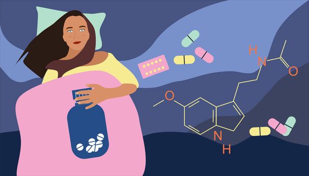 Insomnia concept. Melatonin tablets with chemical formula. Young woman lying in bed and has sleep disorder. Addiction of pills,hypochondria.Stress, nervous strain. Sleepless medical problem. Vector - Vector, Image