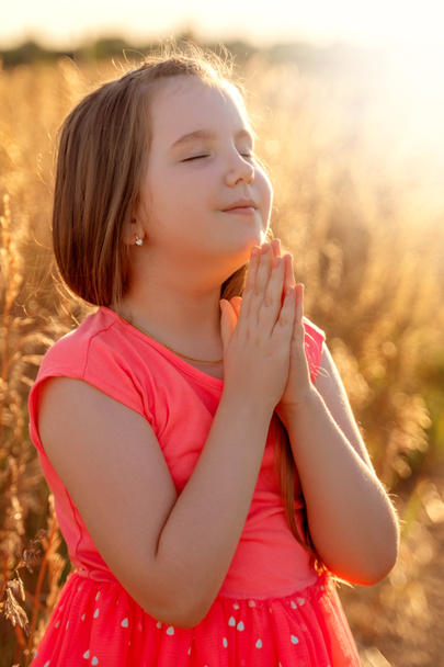 Kleines Mädchen faltete die Hand und schloss die Augen beim Gebet, träumte im Freien auf dem Feld. Kind betet. - Foto, Bild