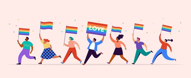 Homo Ylpeys konseptin kuvitus. Ryhmä ihmisiä marssimassa, miehet ja naiset kävelemässä sateenkaaren lippujen kanssa. Paraati homojen oikeuksien tukemiseksi - Vektori, kuva