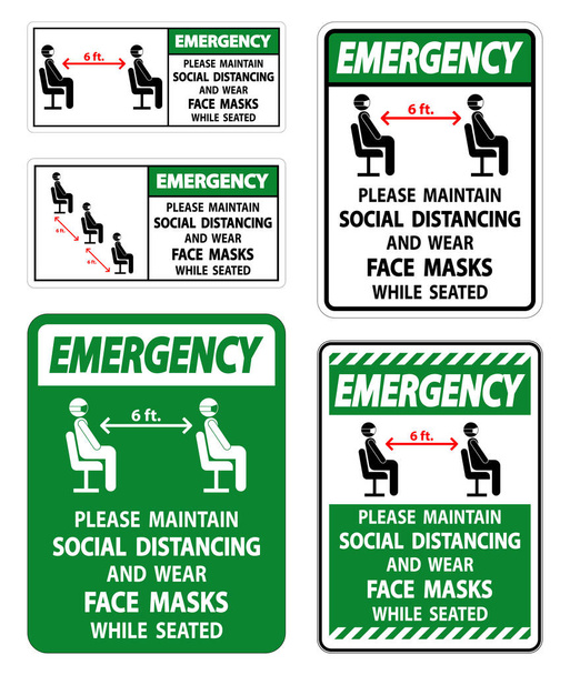 Emergency Maintain Social Distancing Wear Face Masks Sign on white background  - Vector, Image