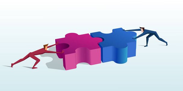 Working together: Two people connecting puzzle elements - Vector, Image